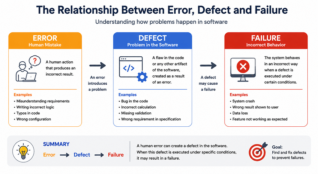 Relationship between error defect and failure in software testing