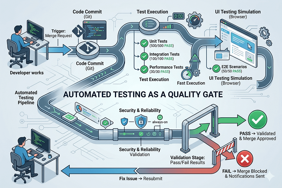 Automated testing CI/CD pipeline executing unit, integration, performance, and end-to-end tests before approving code merges.