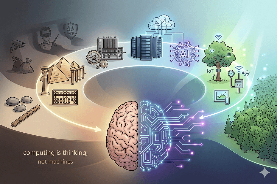 History of computing illustrating the evolution from ancient calculation methods and early civilizations to artificial intelligence, cloud computing, IoT, and sustainable technology.