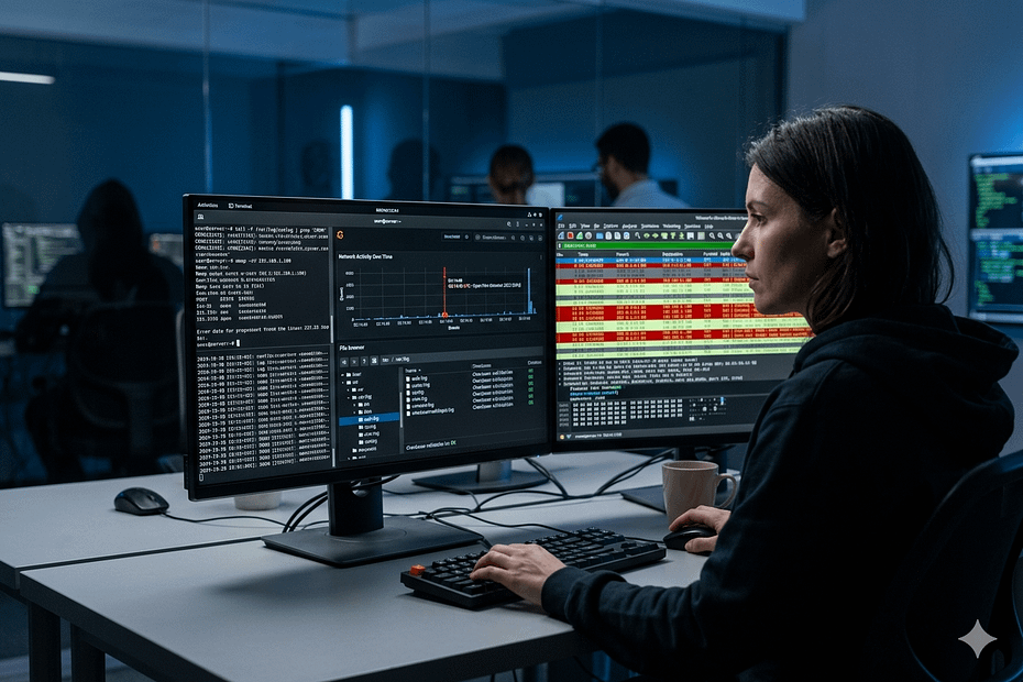Linux system administrator monitoring network activity, open ports, and security alerts to detect potential intrusions on servers.