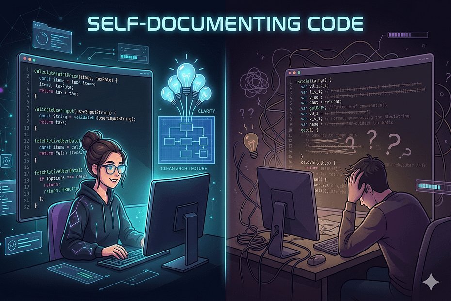Self-documenting code comparison showing clean, readable code with clear naming conventions versus confusing and poorly documented code.