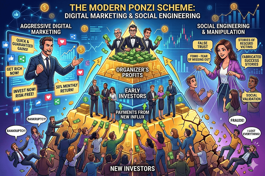 Illustration showing how modern Ponzi schemes use digital marketing, social engineering, social proof, FOMO, and investor recruitment to sustain financial fraud.