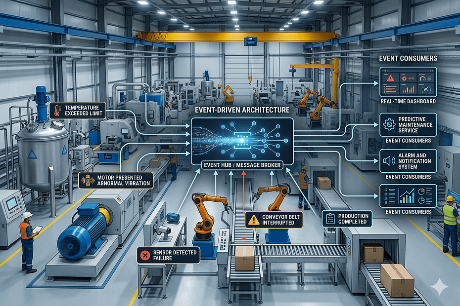 Event-Driven Architecture in Industry 4.0 showing IoT sensors, industrial events, a message broker, and multiple consumer systems processing real-time alerts and operational data.